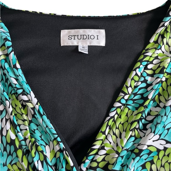 Studio I Green and Blue Leaf Print Cap Sleeve Dress Spring Office Flowy Sz 16 - Picture 4 of 11